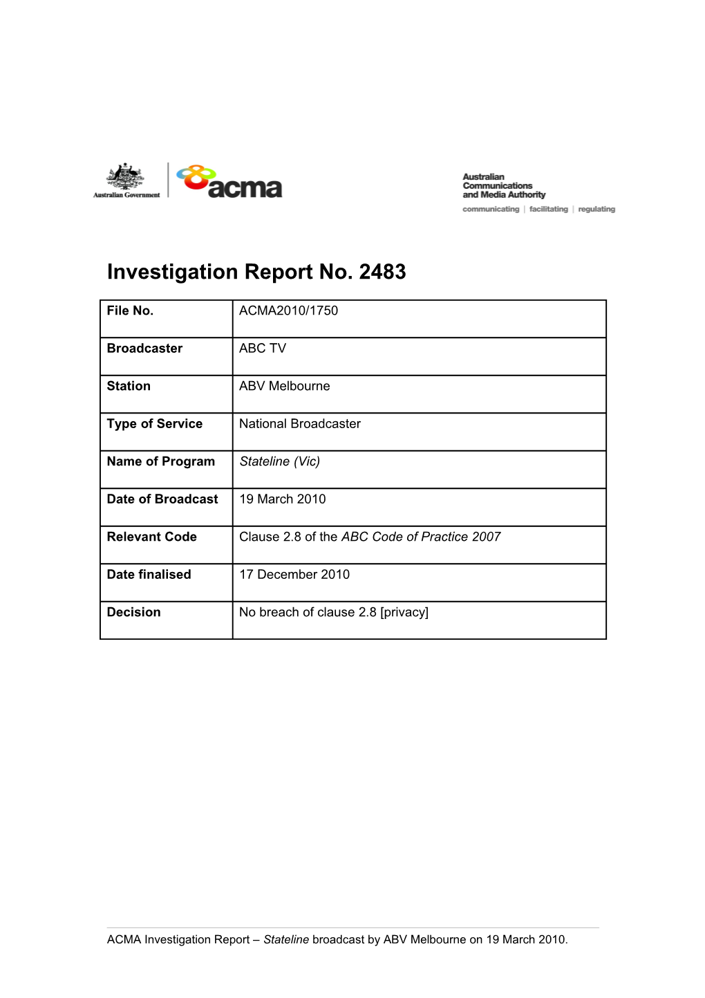 ABC TV - ACMA Investigation Report 2483