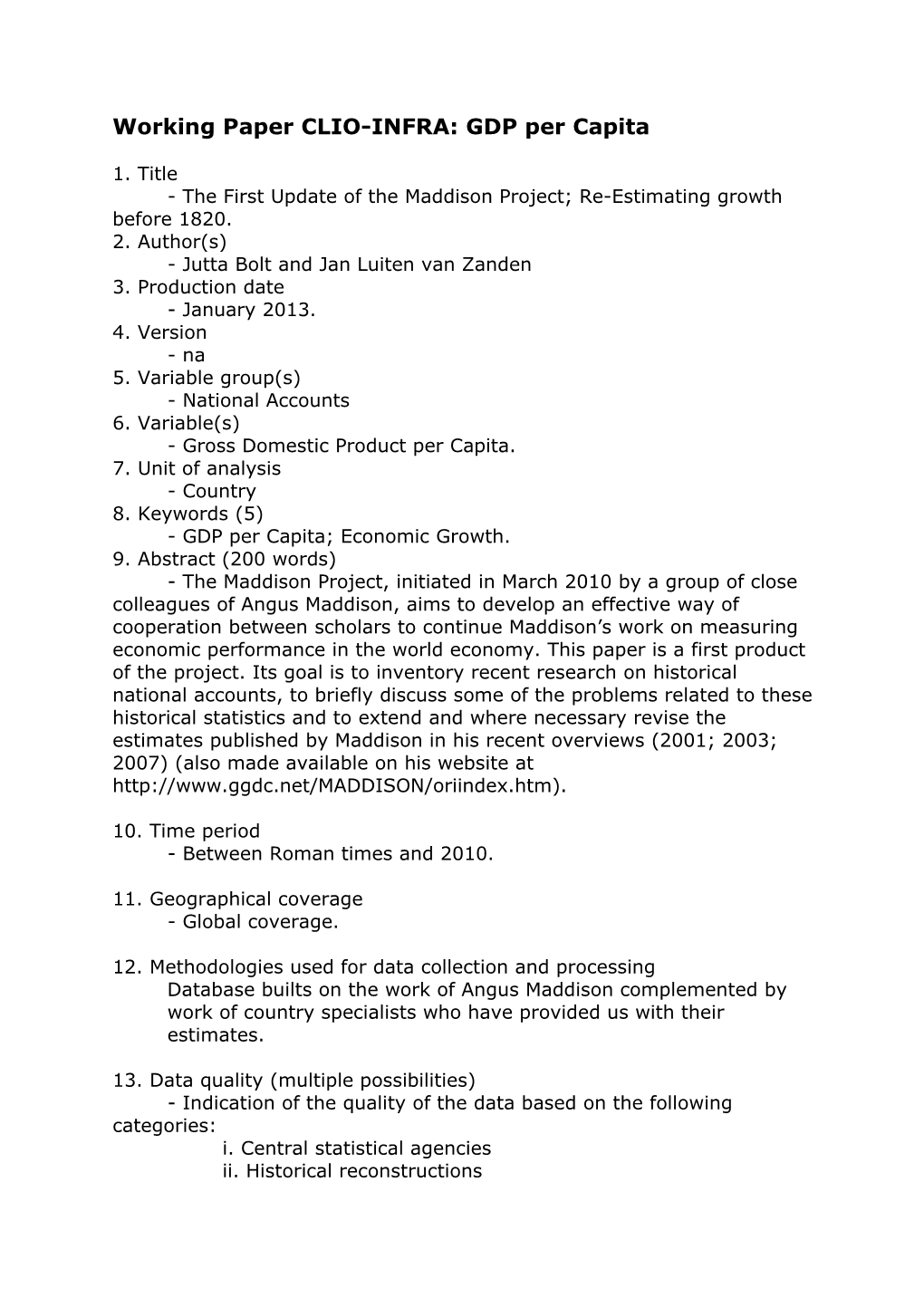 Working Paper CLIO-INFRA: GDP Per Capita