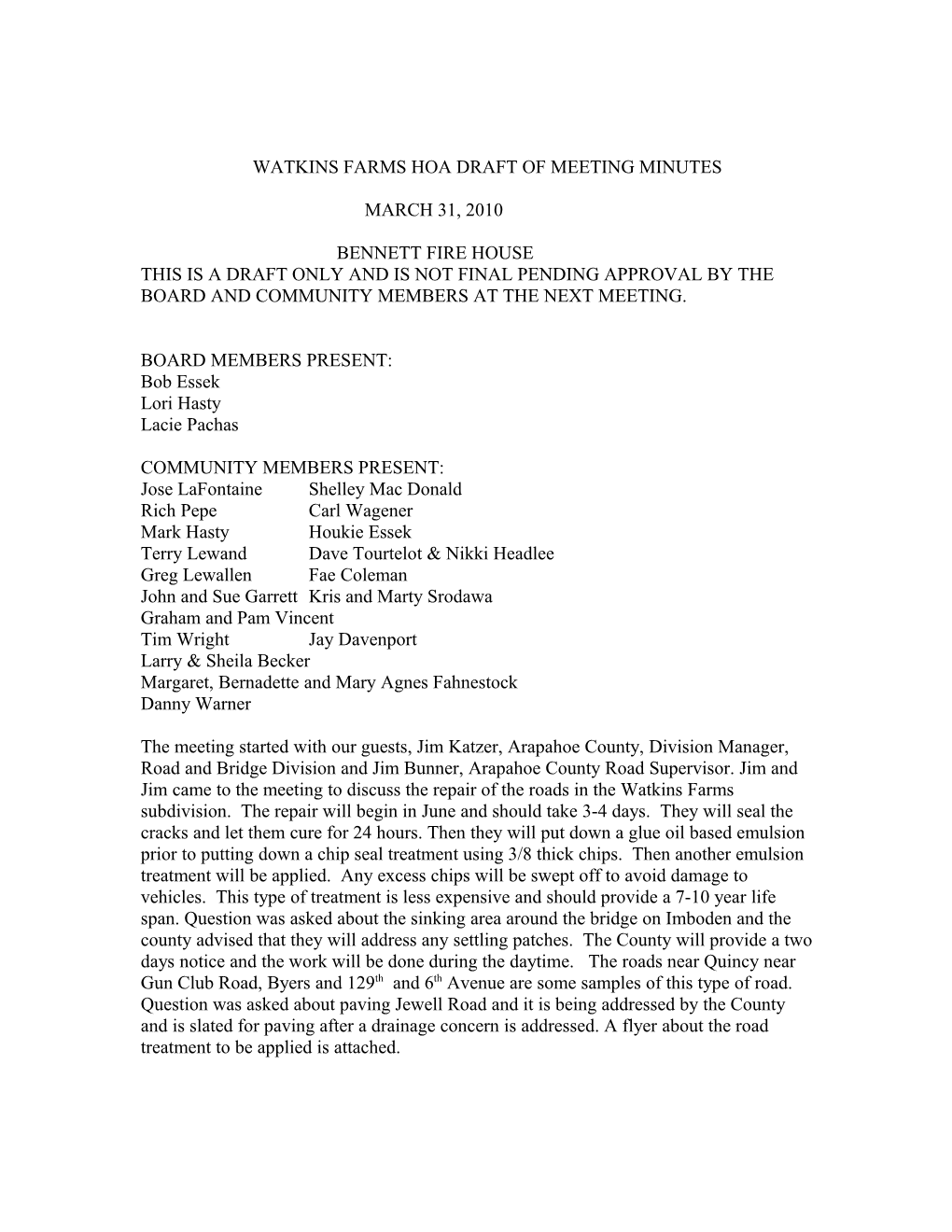 Watkins Farms Hoa Draft of Meeting Minutes