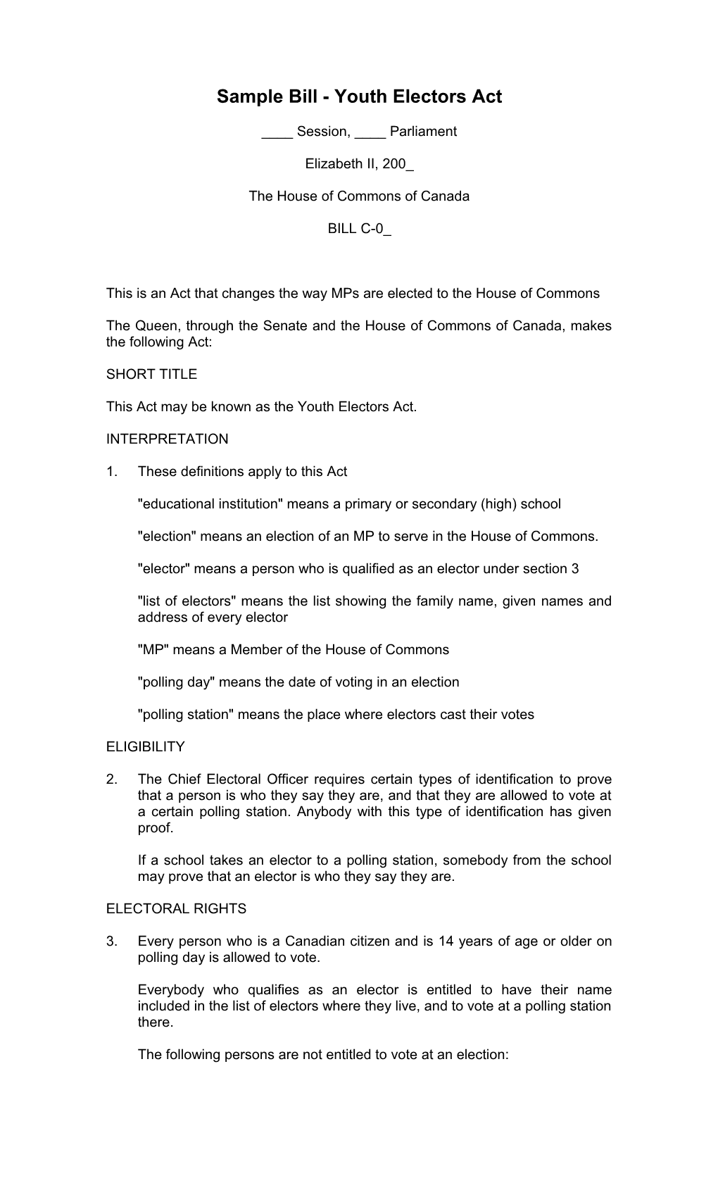 Sample Bill - Youth Electors Act