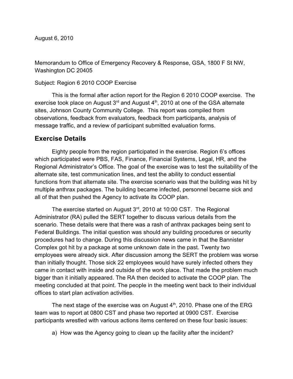 Memorandum to Office of Emergency Recovery & Response, GSA, 1800 F St NW, Washington DC 20405