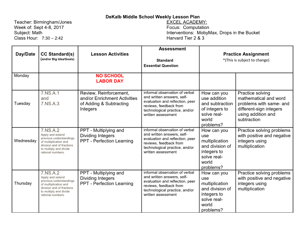 Dekalb Middle School Weekly Lesson Plan s5