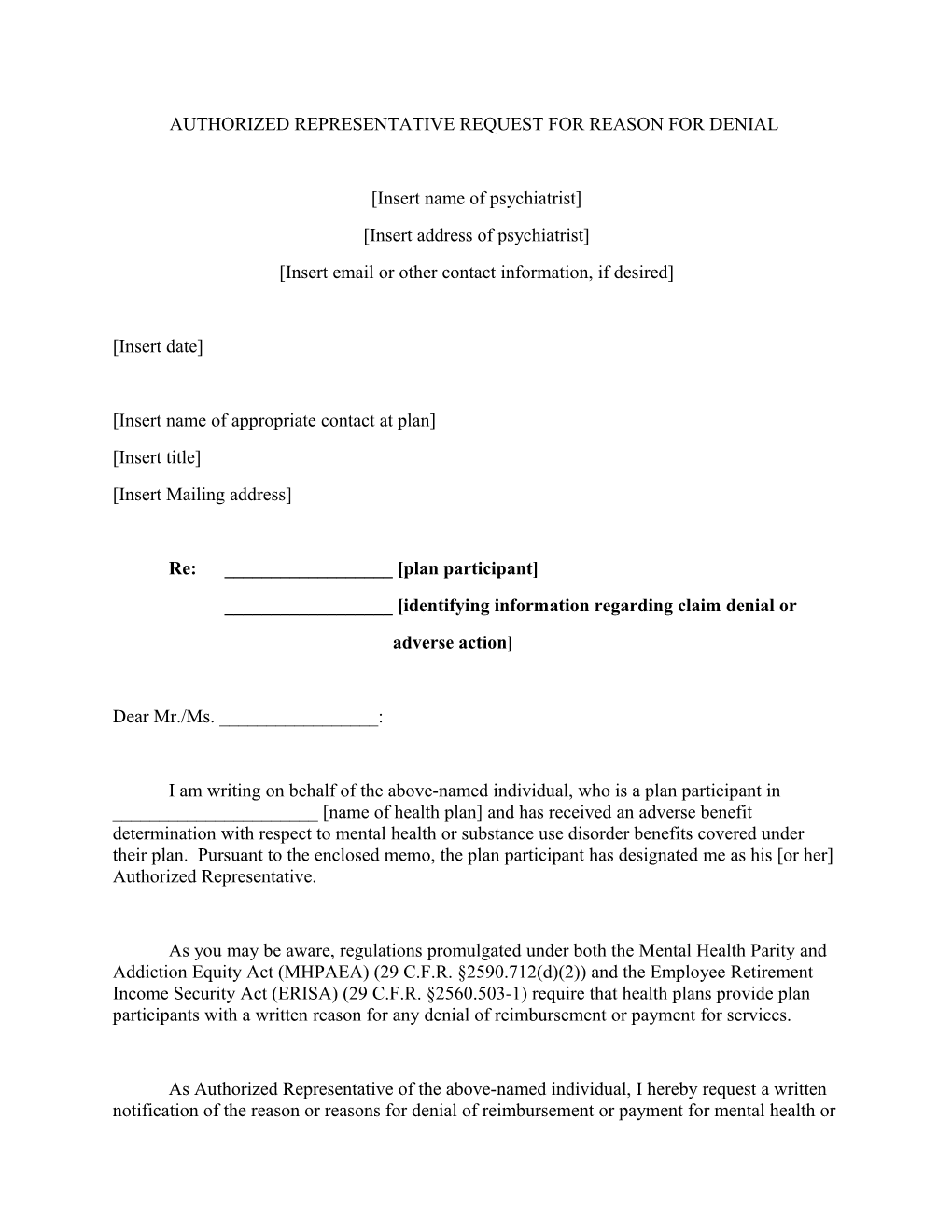 Authorized Representative Request for Reason for Denial and Medical Necessity Criteria