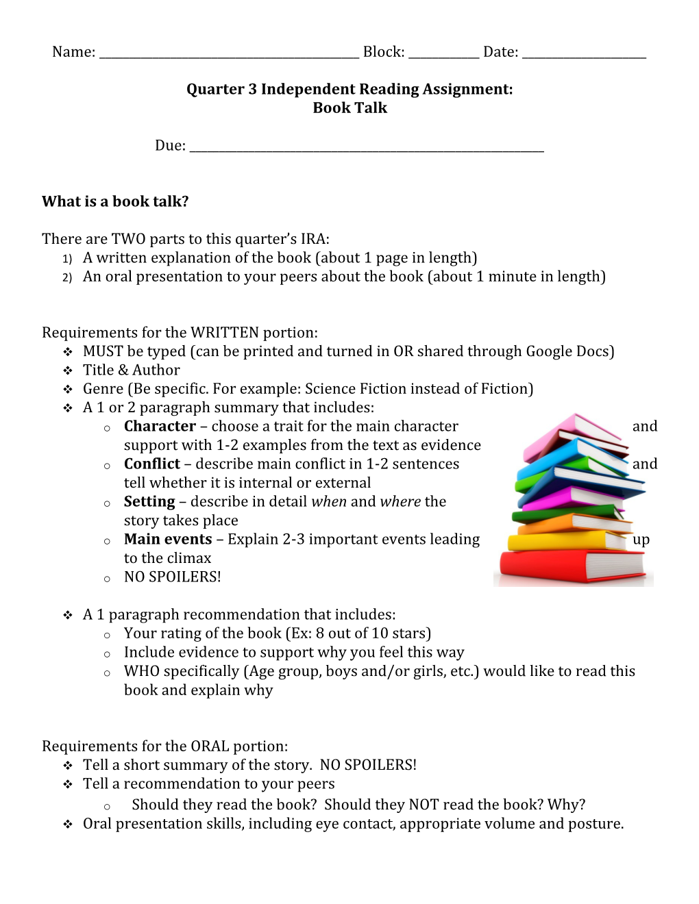 Quarter 3 Independent Reading Assignment