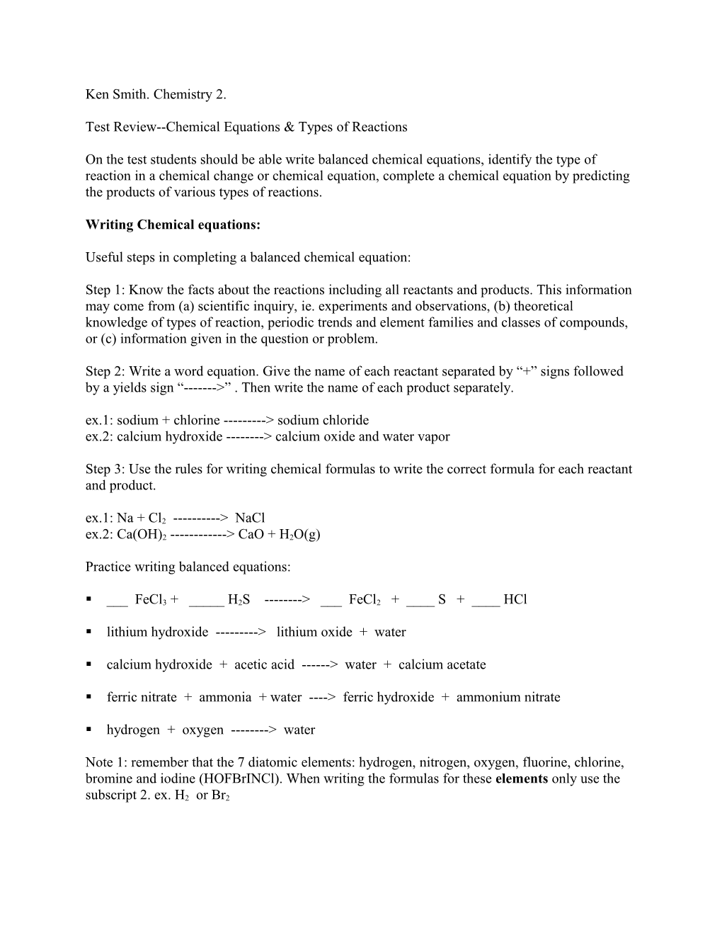 Test Review Chemical Equations & Types of Reactions