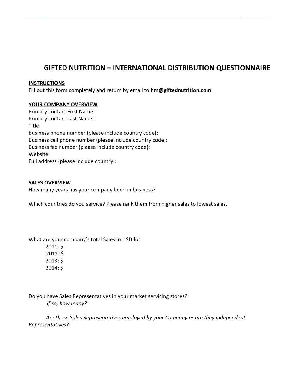 Gifted Nutrition International Distribution Questionnaire