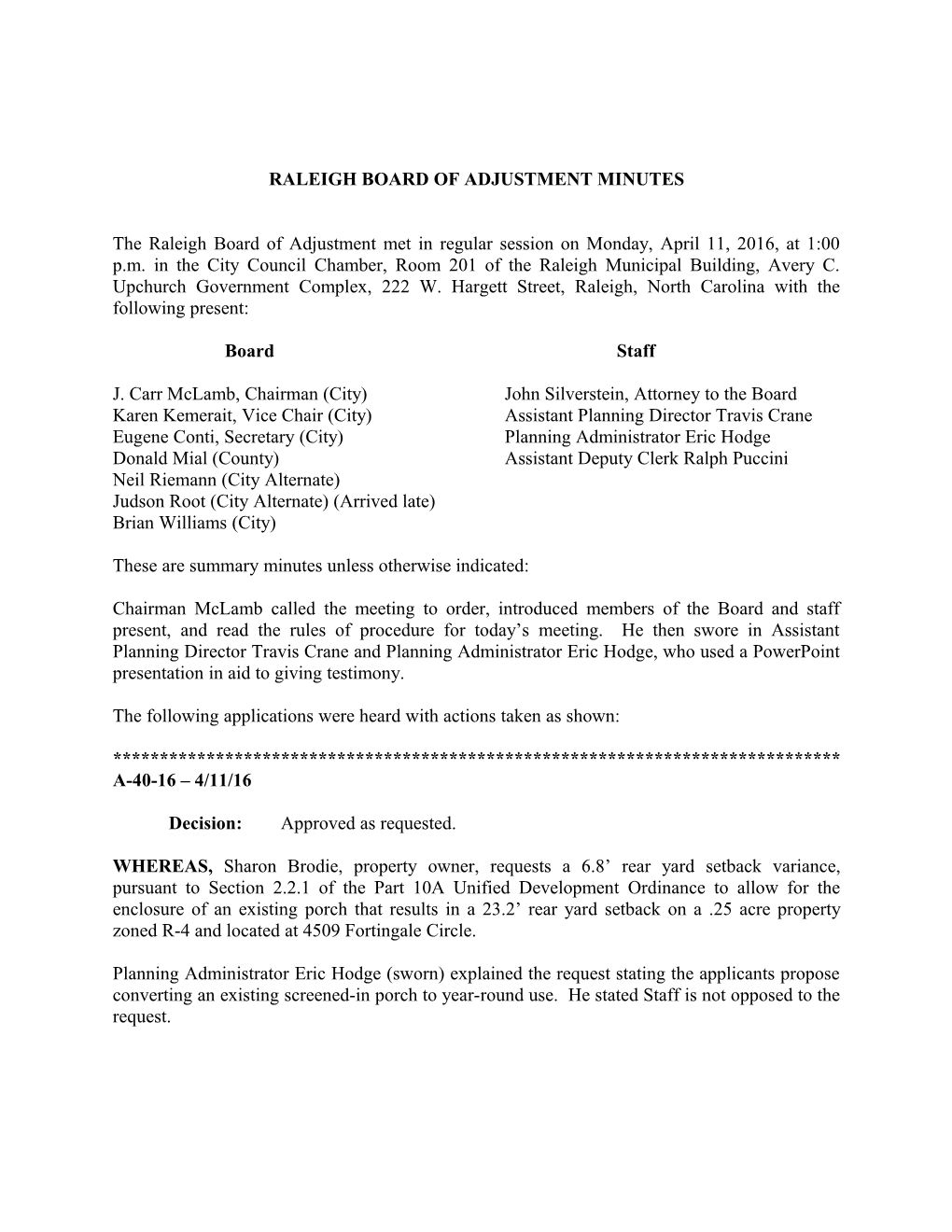Raleigh Board of Adjustment Minutes - 04/11/2016