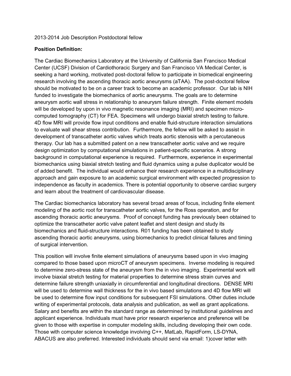 2013-2014 Job Description Postdoctoral Fellow