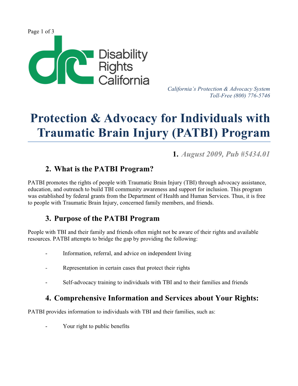 Protection & Advocacy for Individuals with Traumatic Brain Injury (PATBI) Program