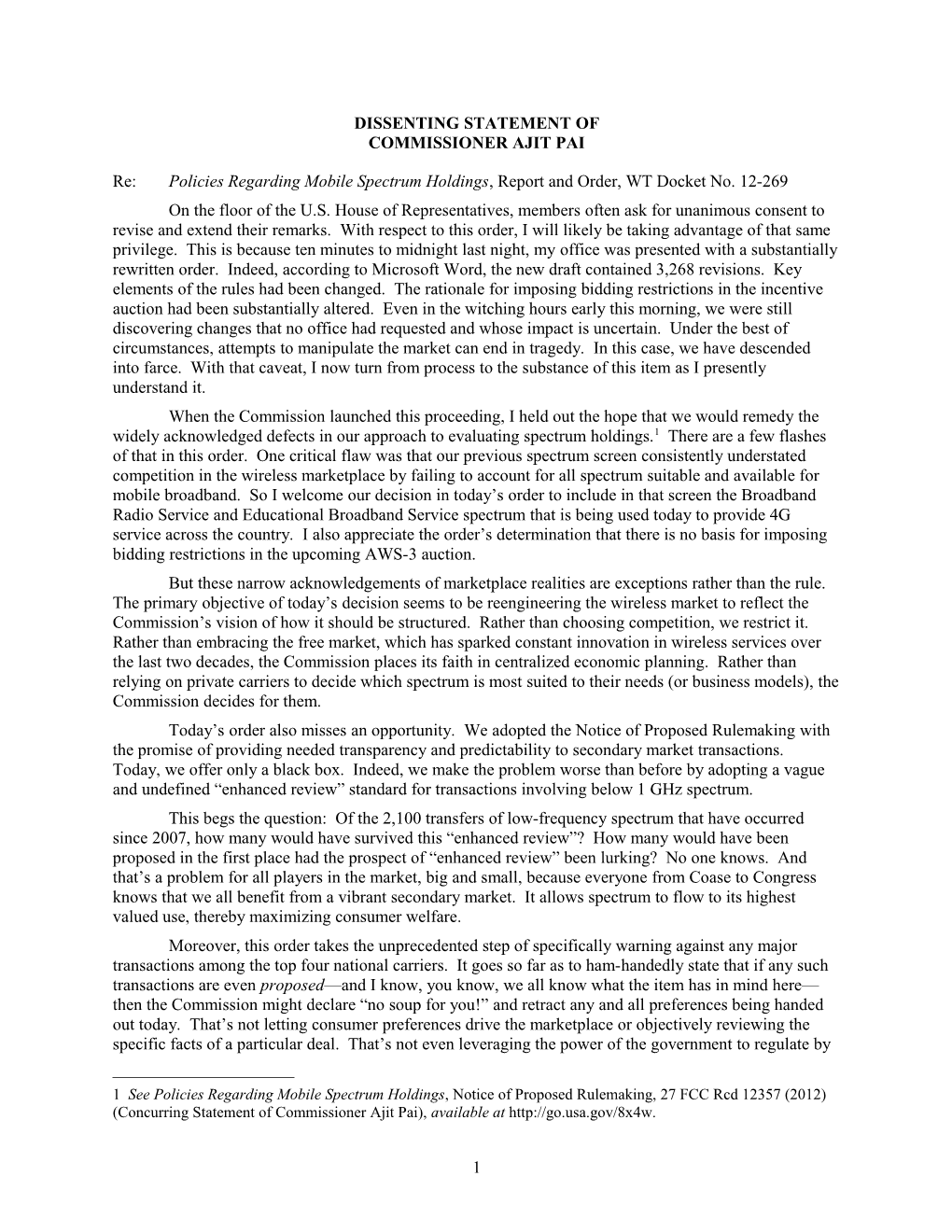 Dissenting Statement of Commissioner Ajit Pai s2