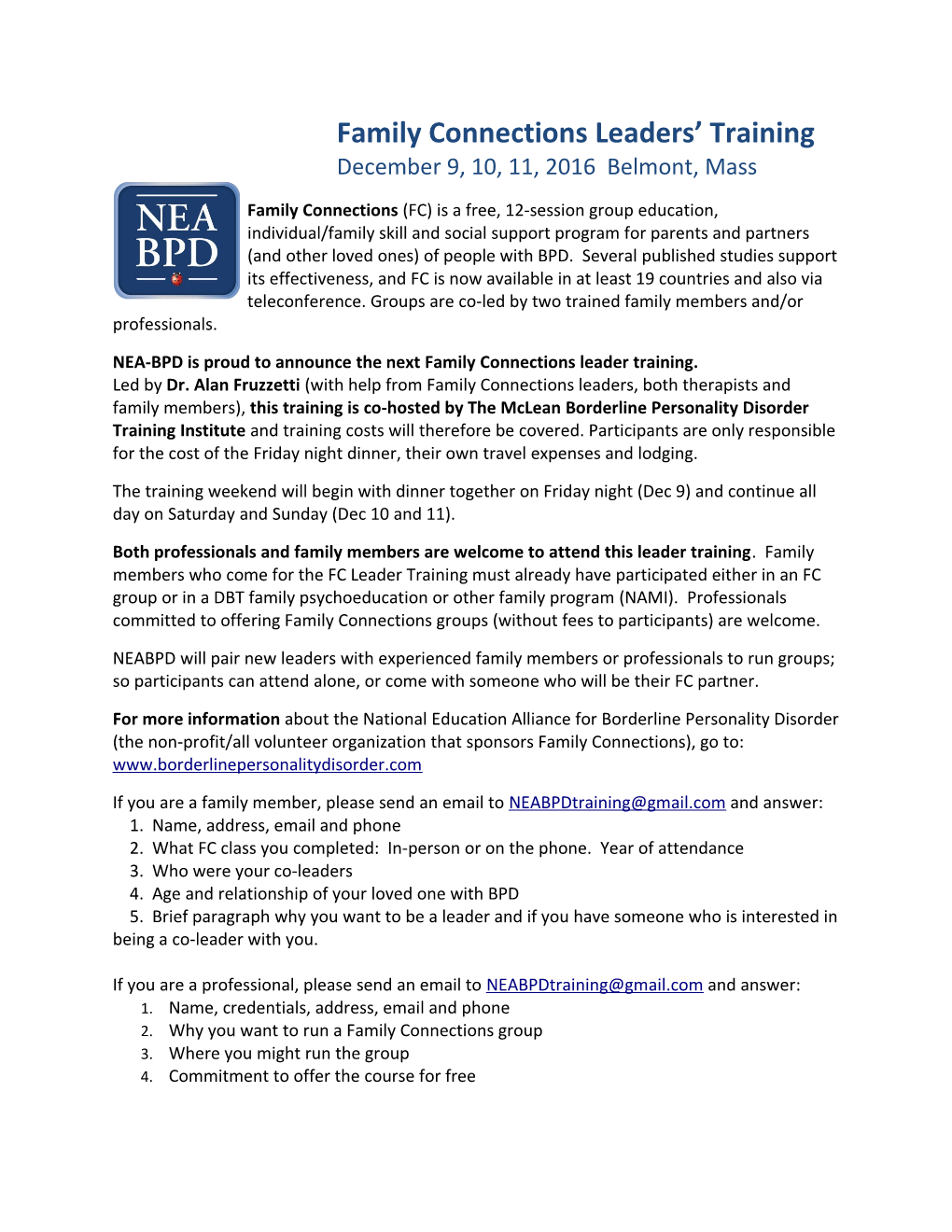 NEA-BPD Is Proud to Announce the Next Family Connections Leader Training