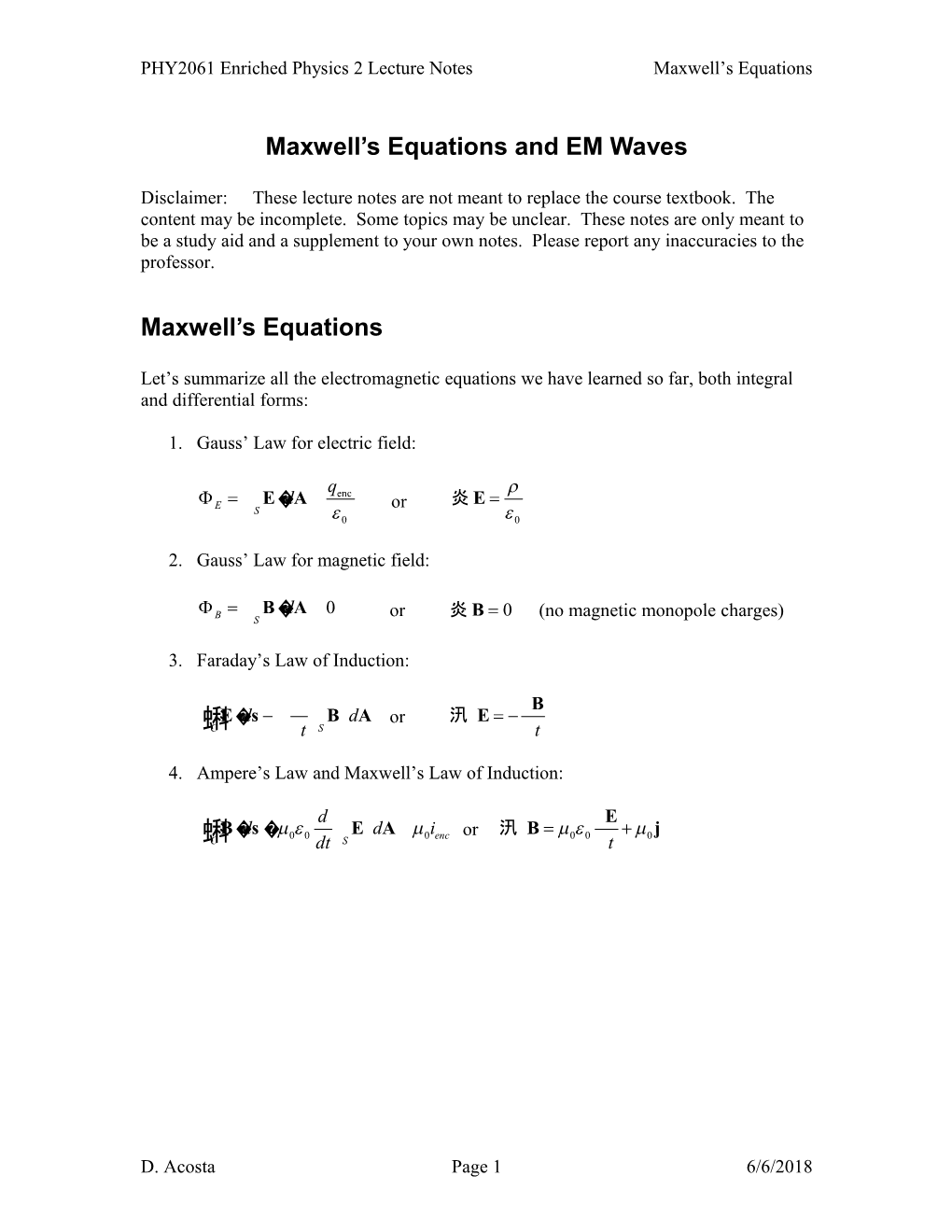 PHY2061 Enriched Physics 2 Lecture Notes Maxwell S Equations