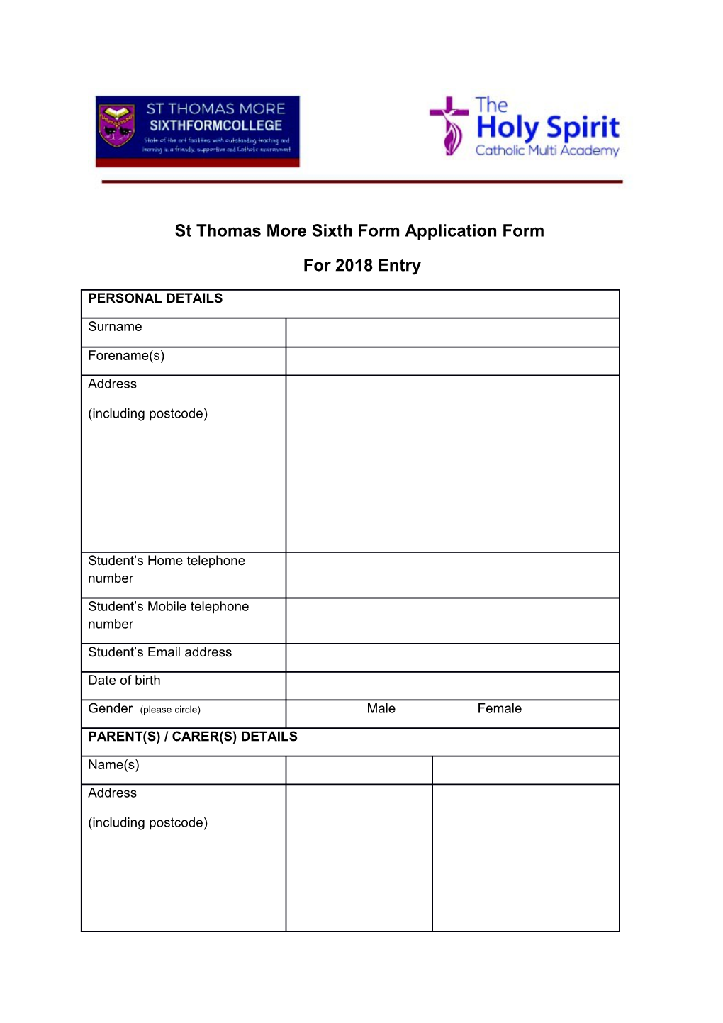 St Thomas More Sixth Form Application Form