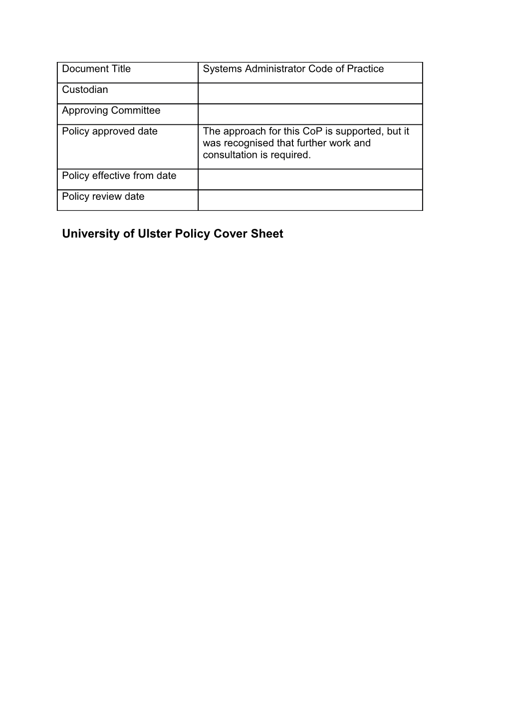 University of Ulster Policy Cover Sheet