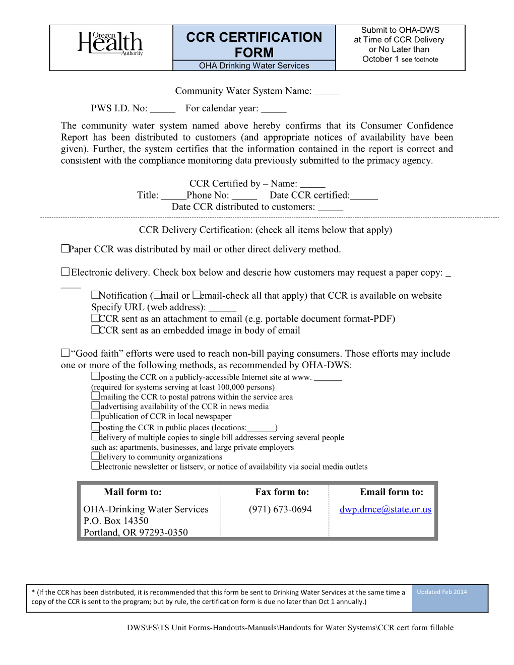 Consumer Confidence Report - Certification Form