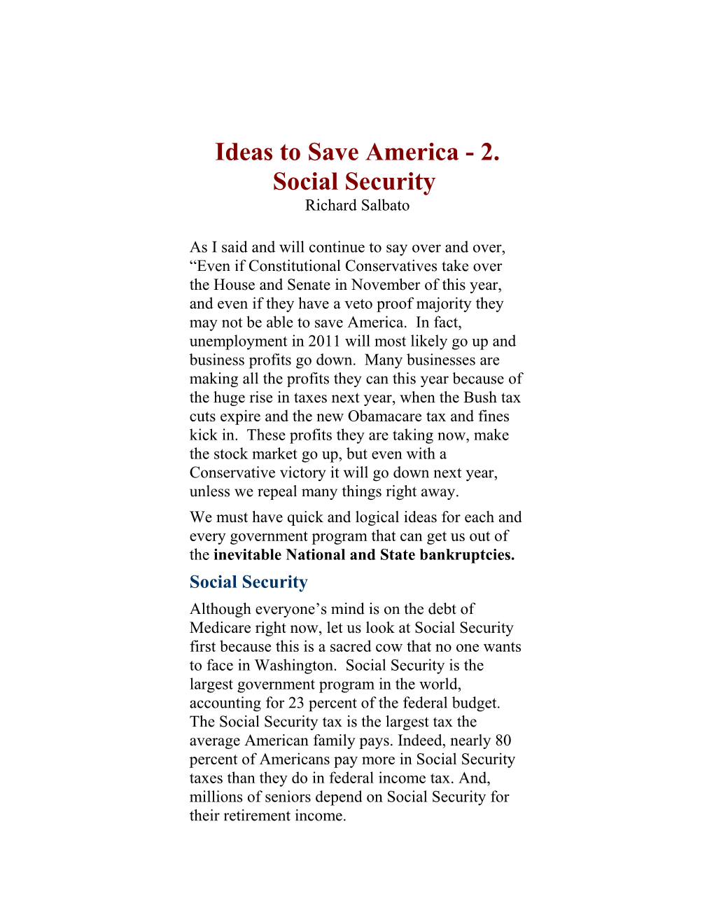 Ideas to Save America - 2. Social Security Richard Salbato