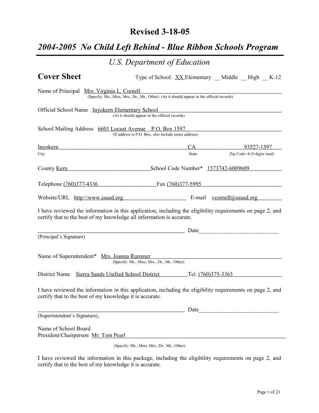 Inyokern Elementary School Application: 2004-2005, No Child Left Behind - Blue Ribbon Schools