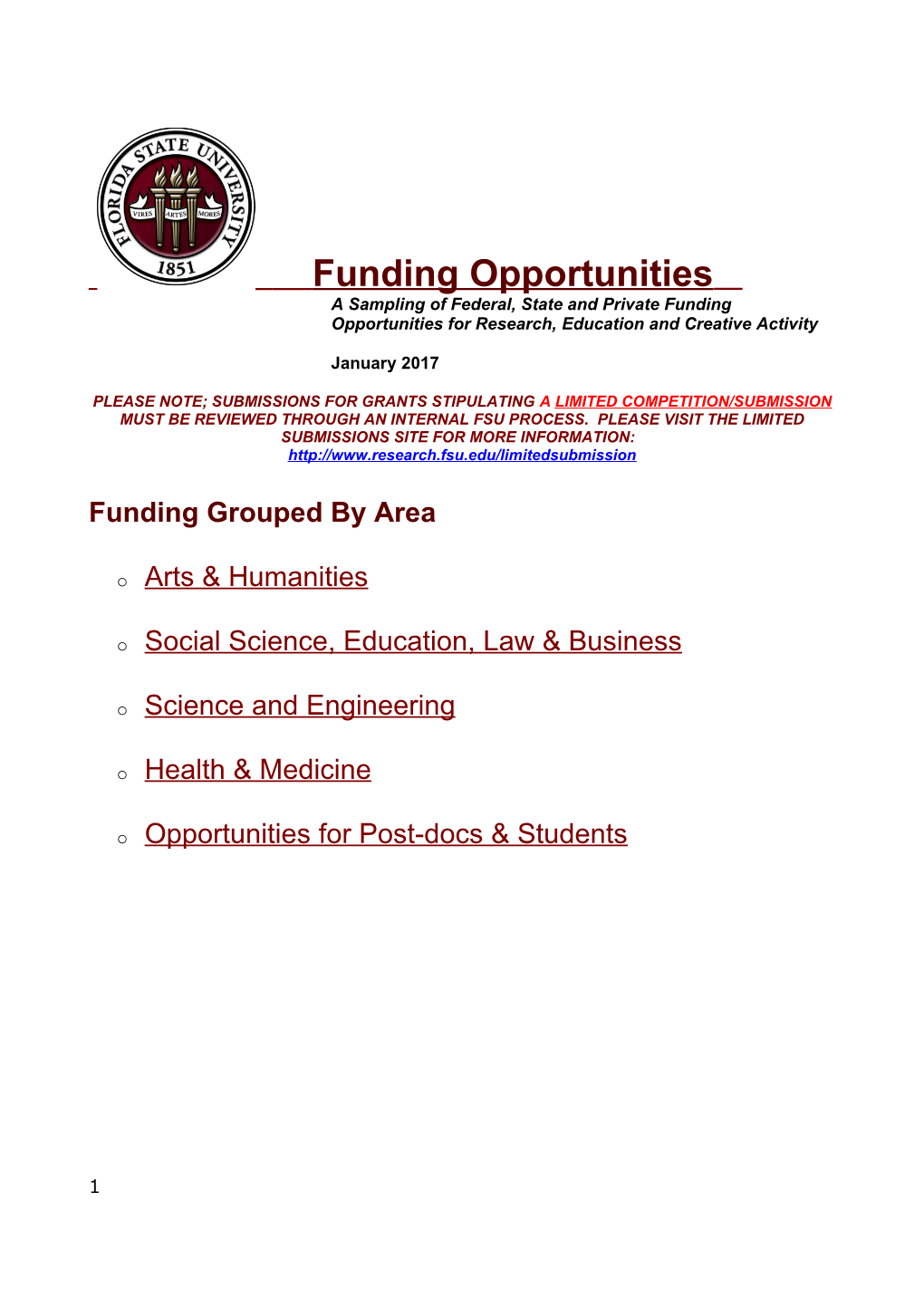 A Sampling of Federal, State and Private Funding Opportunities for Research, Education s1