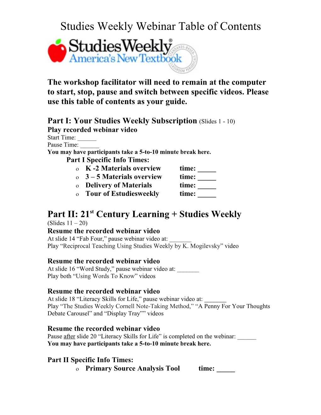 Studies Weekly Webinar Table of Contents