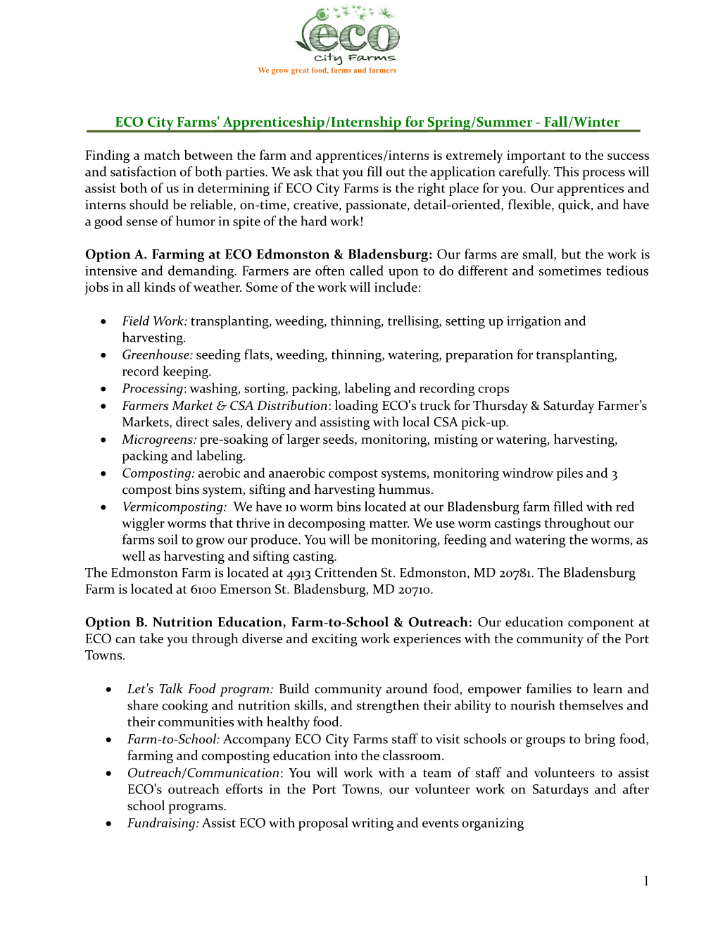 ECO City Farms' Apprenticeship/Internship Application