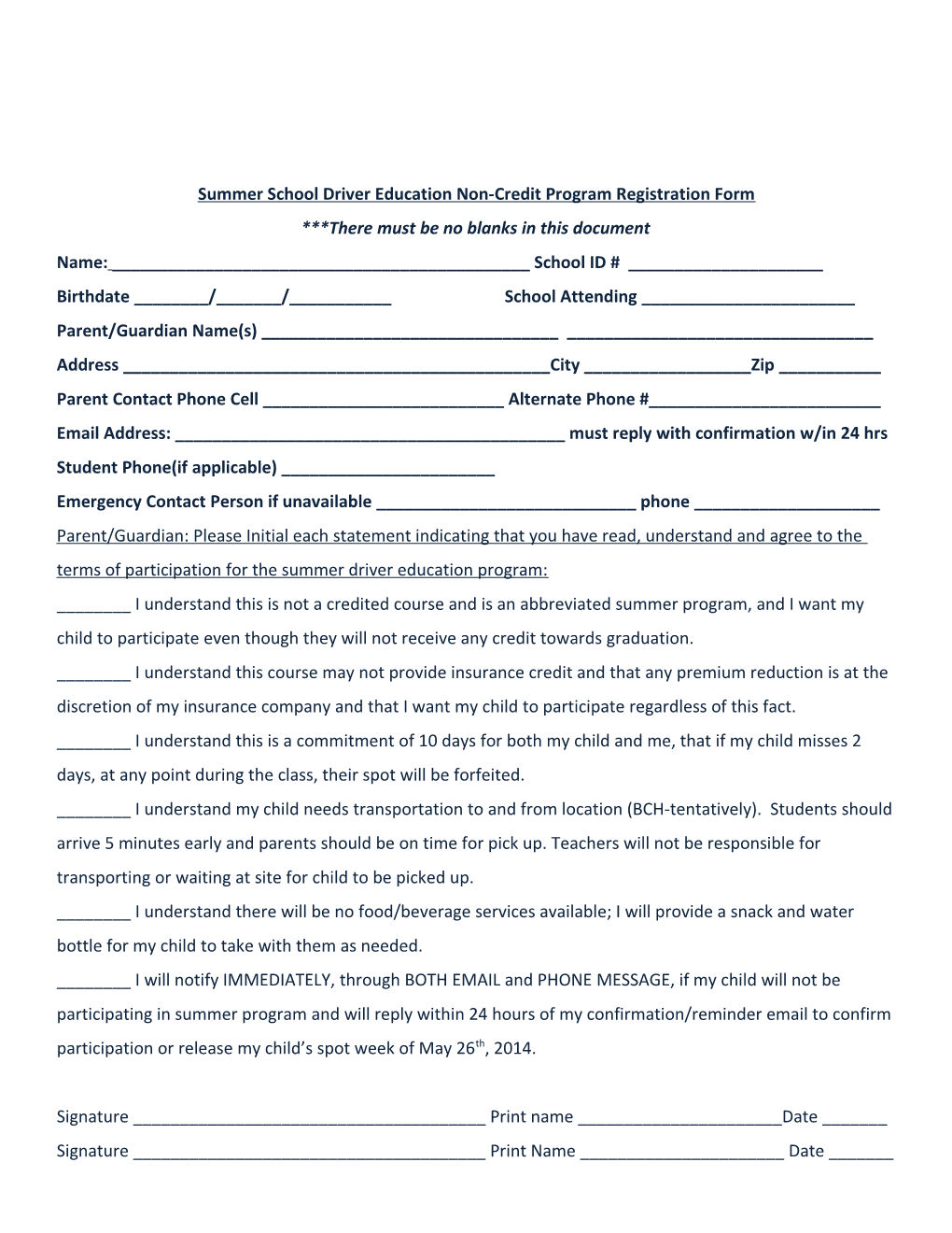 Summer School Driver Education Non-Credit Program Registration Form