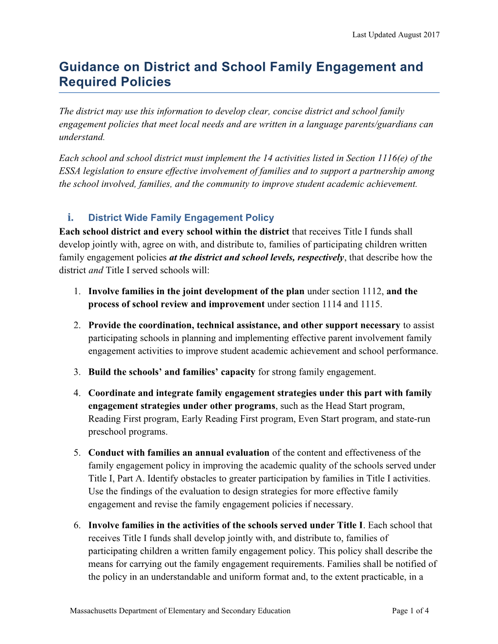 Guidance on District and School Family Engagement Required Policies