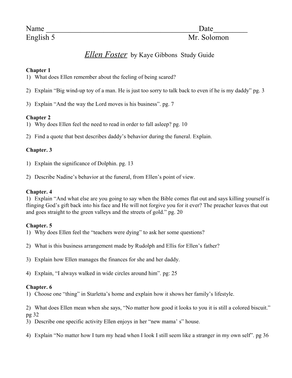 Ellen Foster by Kaye Gibbons Study Guide