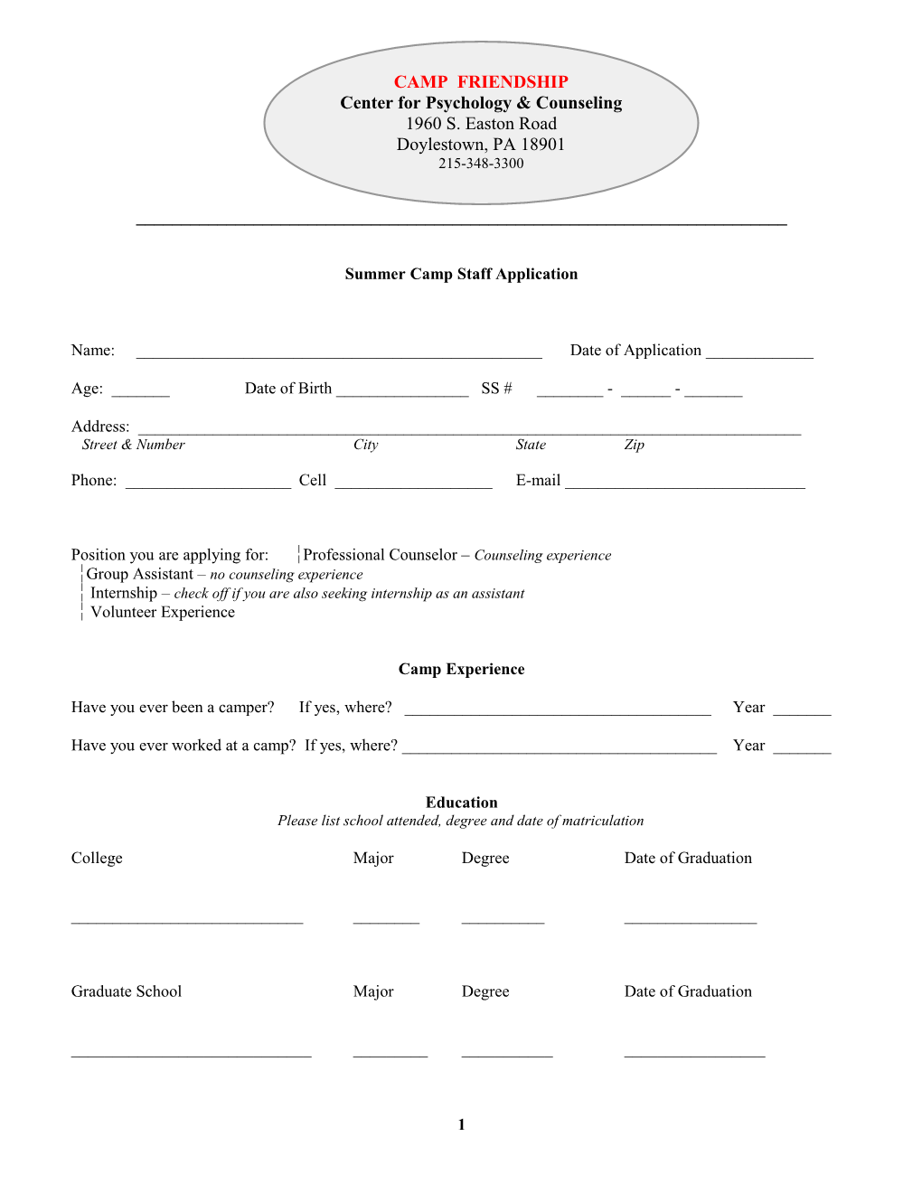 Summer Camp Staff Application