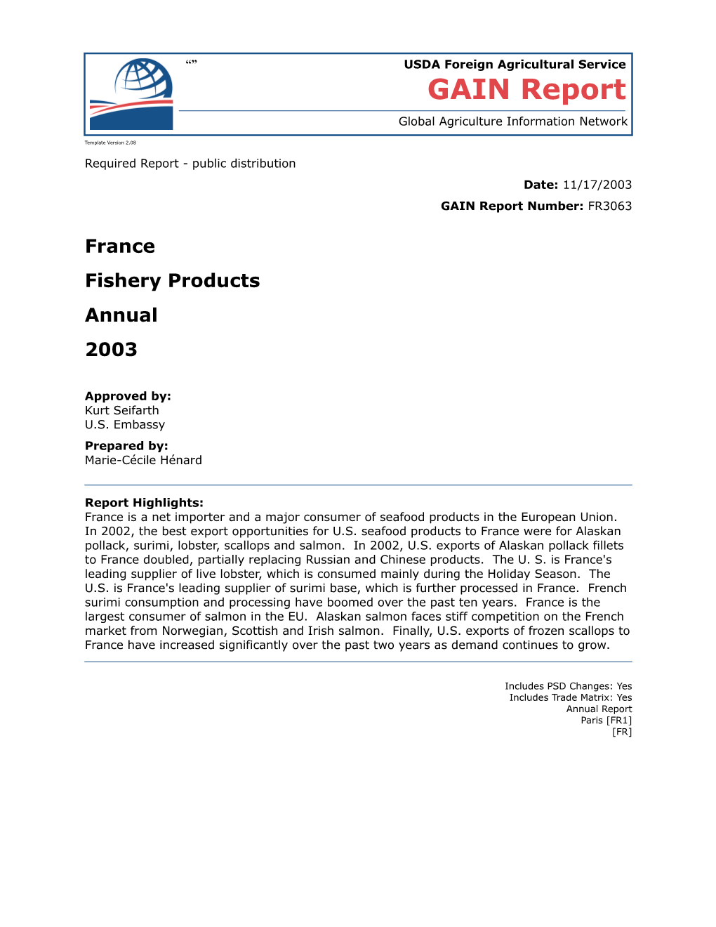 Annual Seafood Report 2003