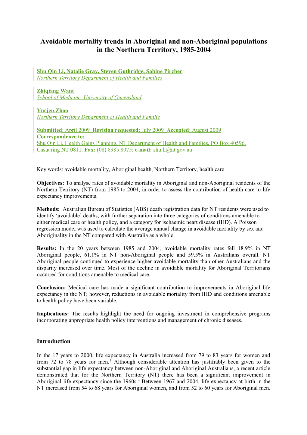 Avoidable Mortality in the Northern Territory 1985-2004