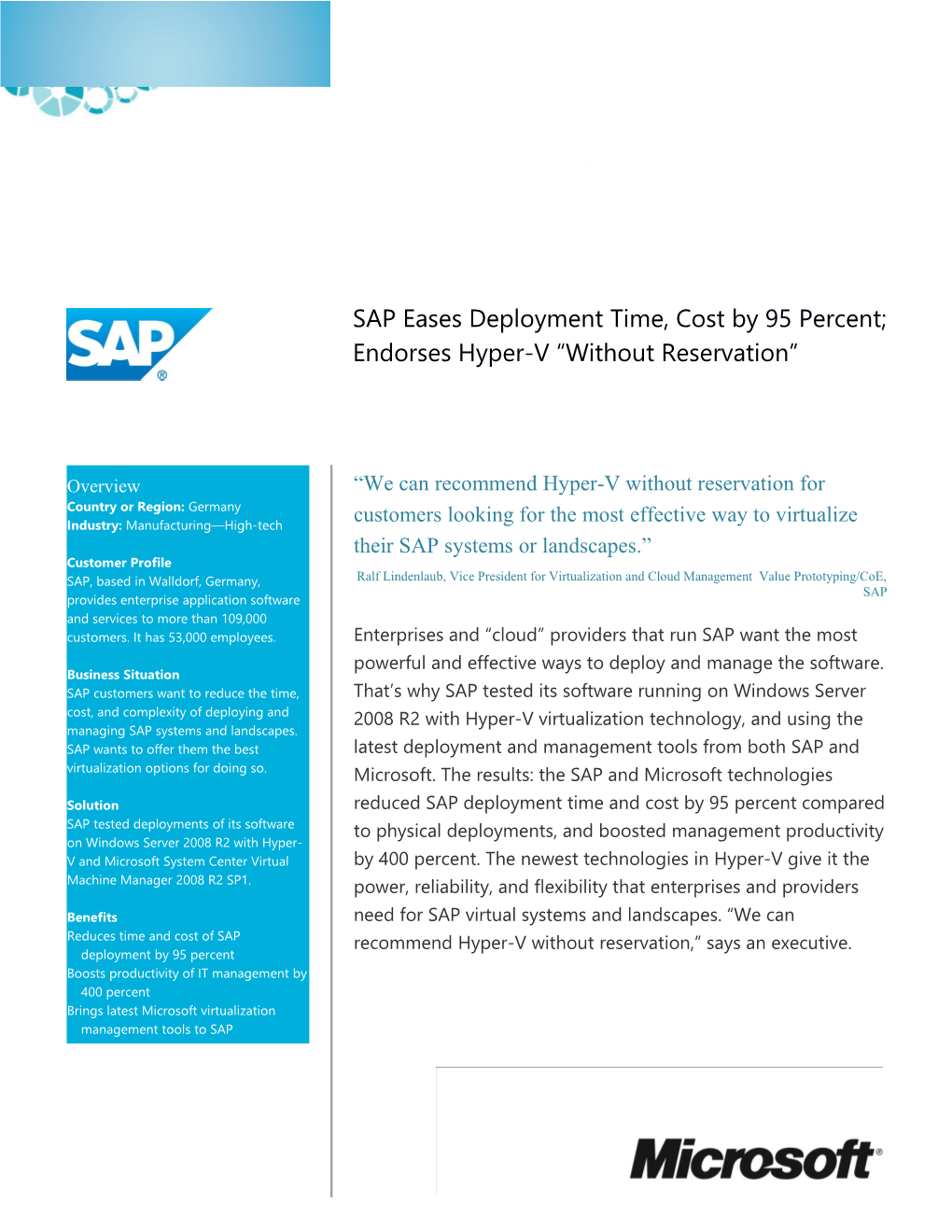 Reduces Time and Cost of SAP Deployment by 95 Percent