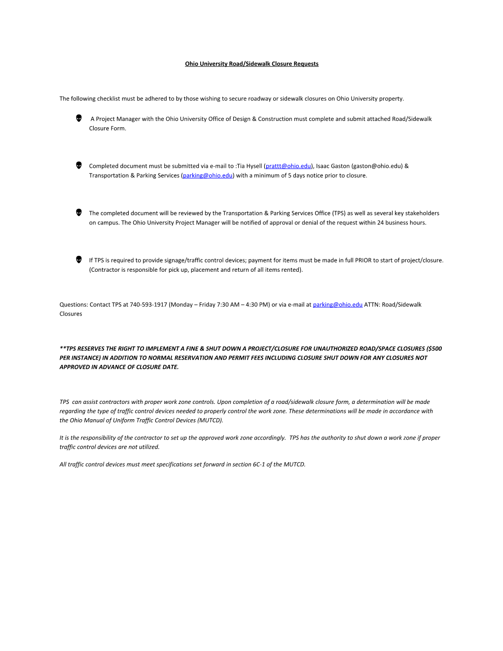 Ohio University Road/Sidewalk Closure Requests