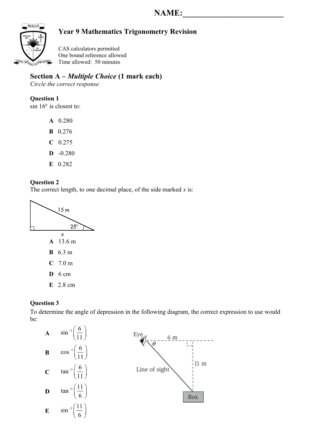 Year 10 Mainstream Mathematics Trigonometry Test