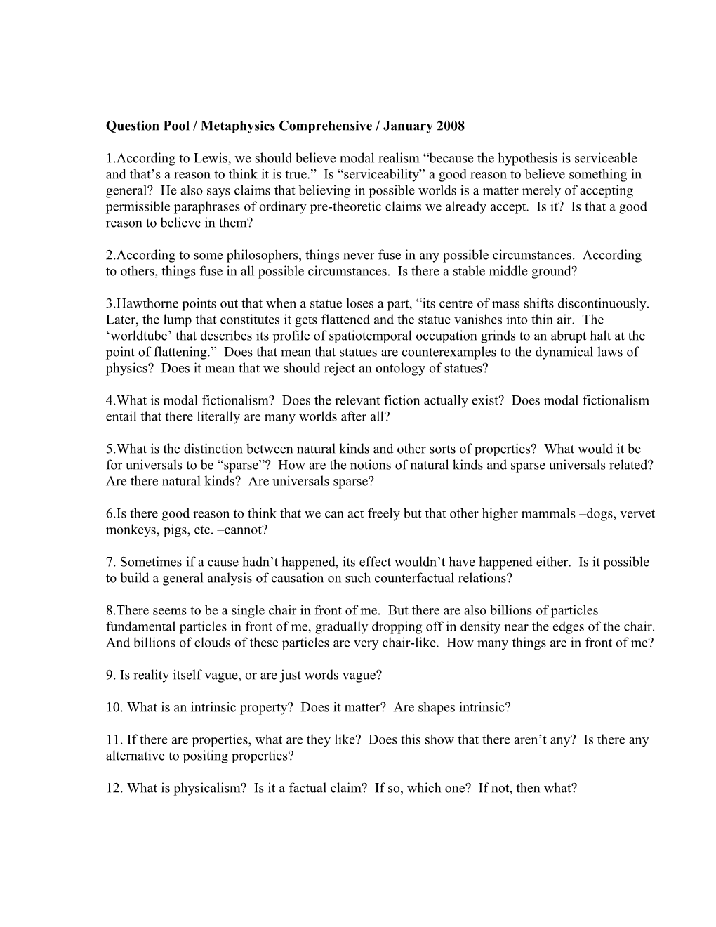 Question Pool / Metaphysics Comprehensive / Winter 2008