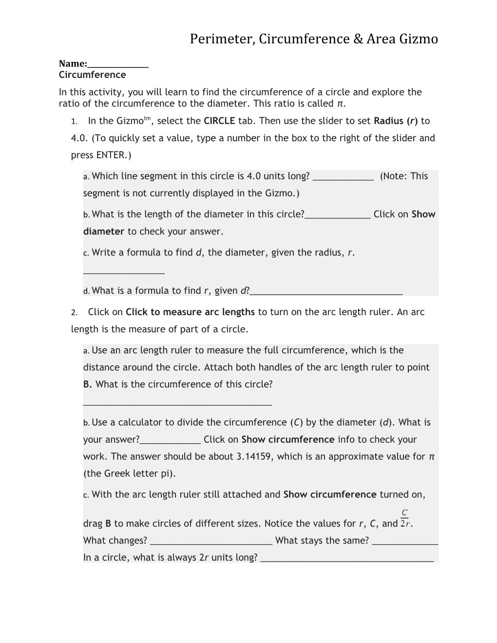 Perimeter, Circumference & Area Gizmo