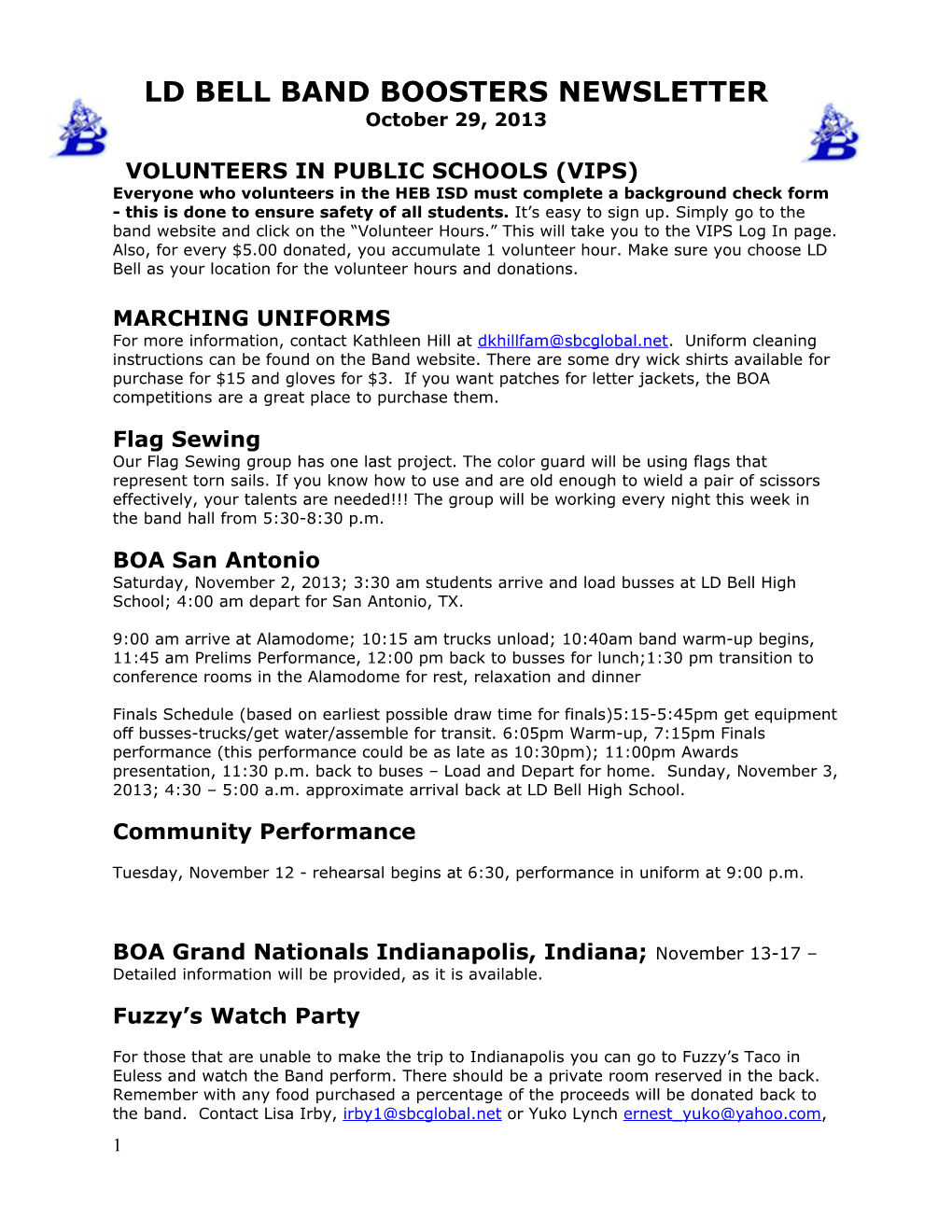 Ld Bell Band Boosters Newsletter