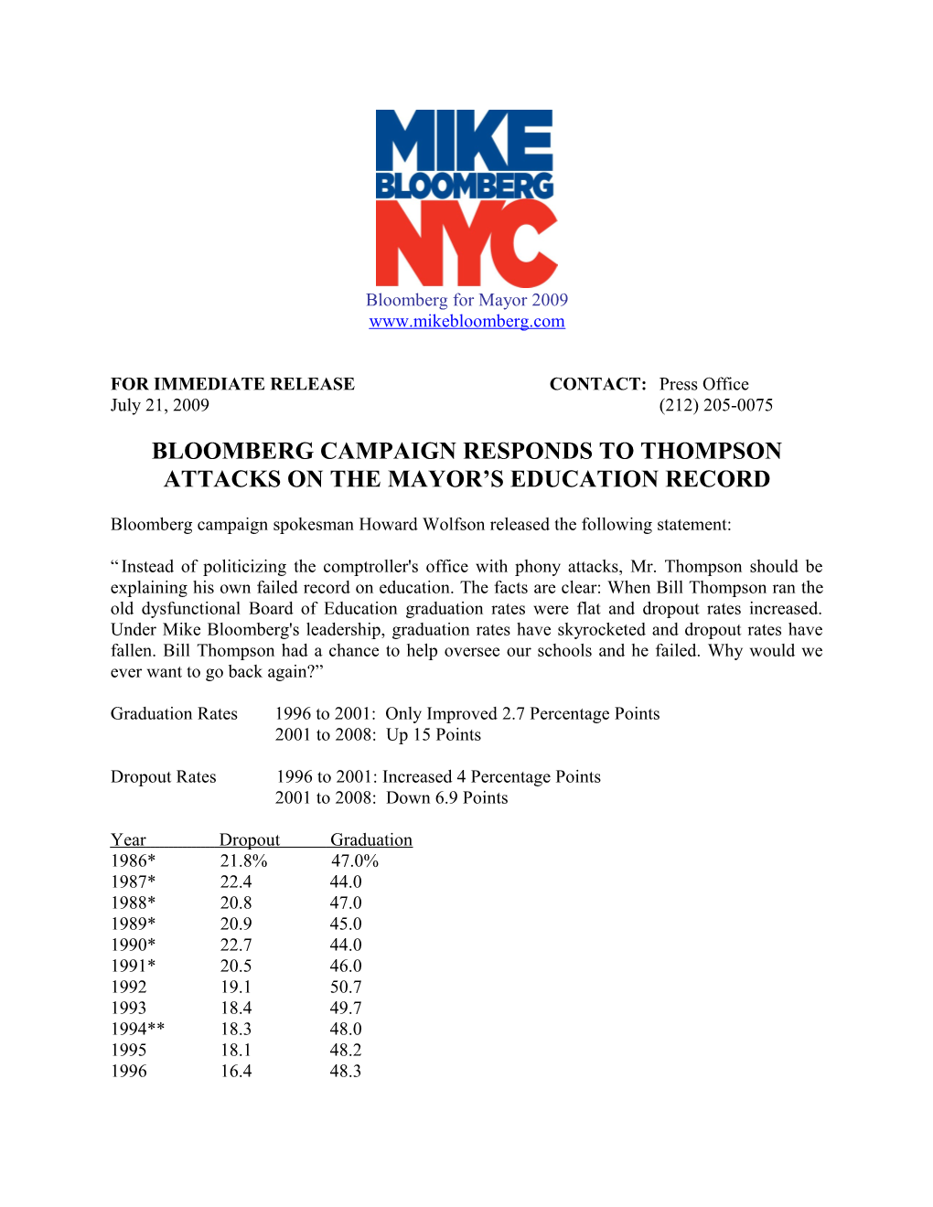 Bloomberg Campaign Responds to Thompson Attacks on the Mayor S Education Record