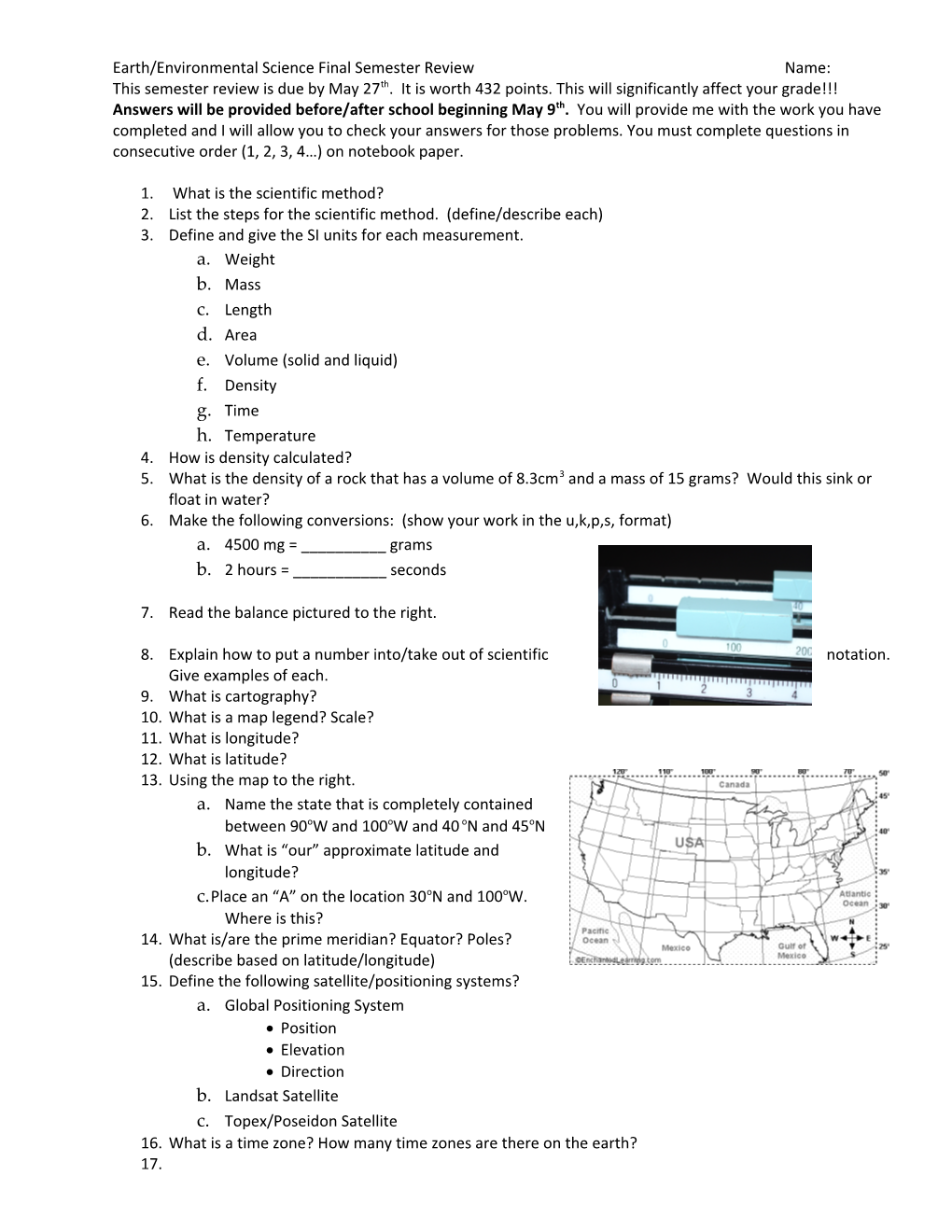 Earth/Environmental Science Final Exam Semester Review Name