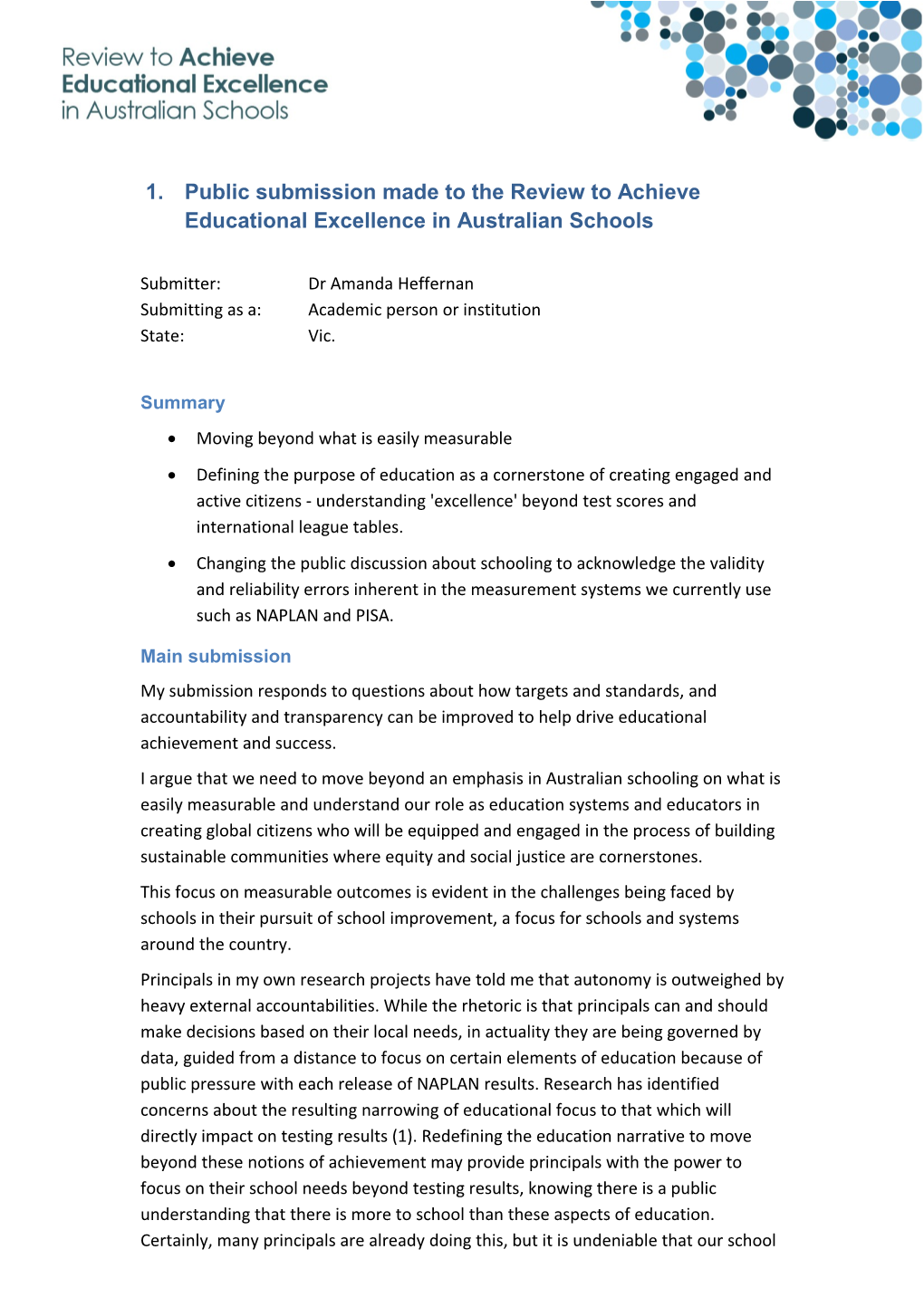 Public Submission Made to the Review to Achieve Educational Excellence in Australian Schools