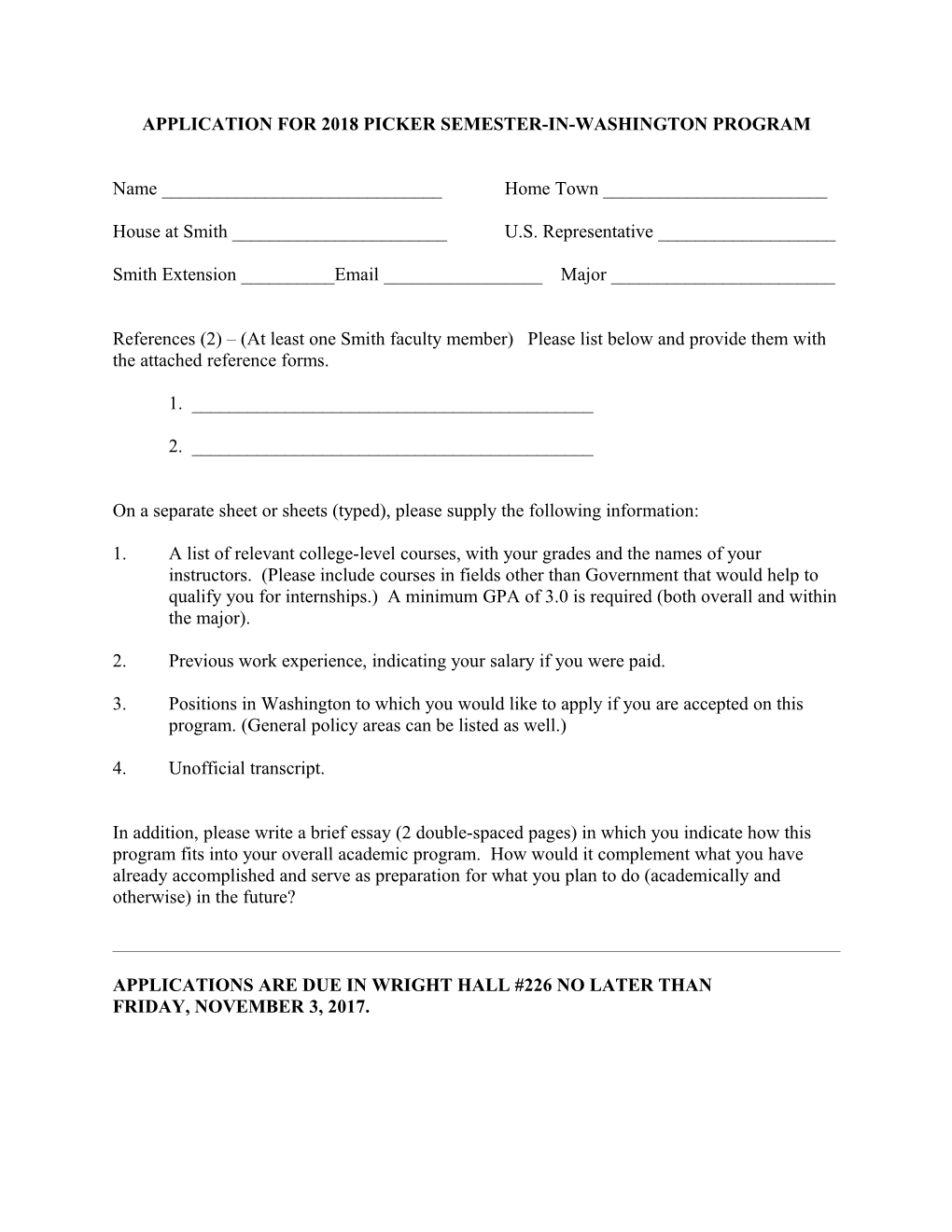 Application for 2006 Picker Semester-In-Washington Program