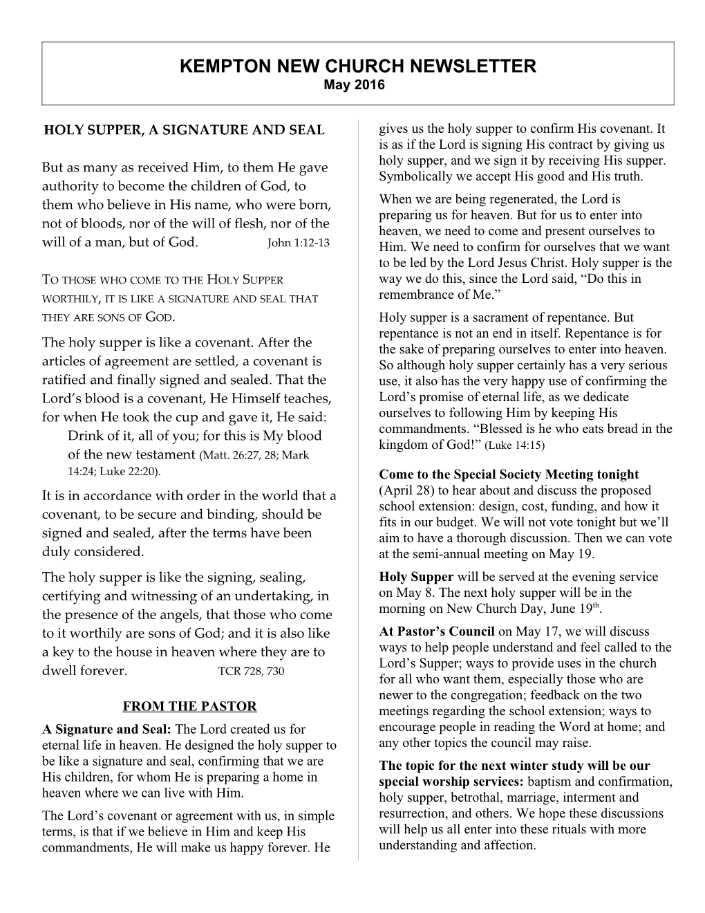 KEMPTON NEW CHURCH NEWSLETTER - May 2016 Page 2