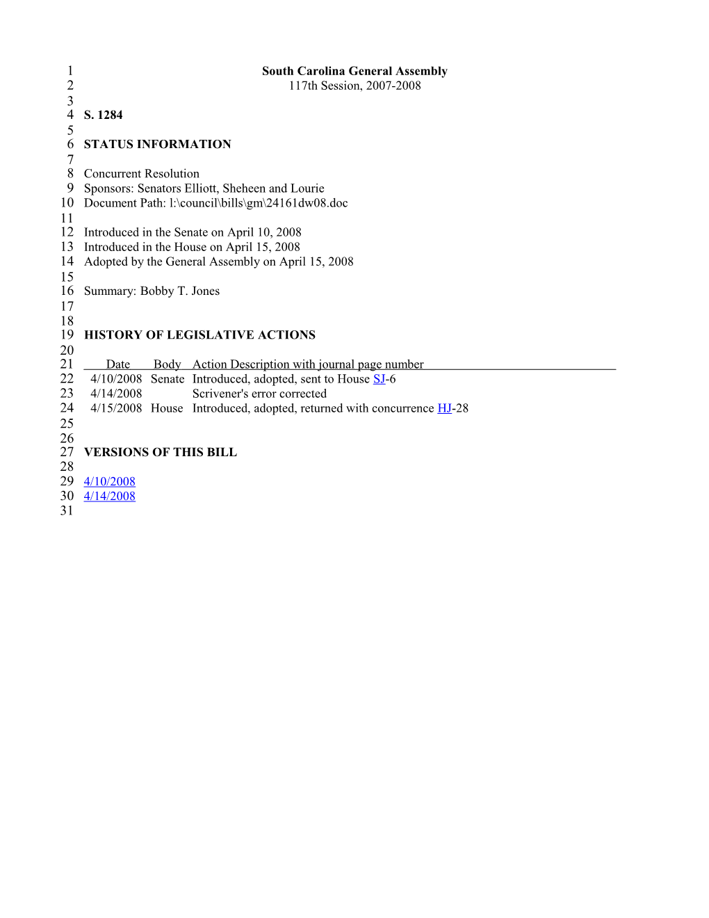 2007-2008 Bill 1284: Bobby T. Jones - South Carolina Legislature Online