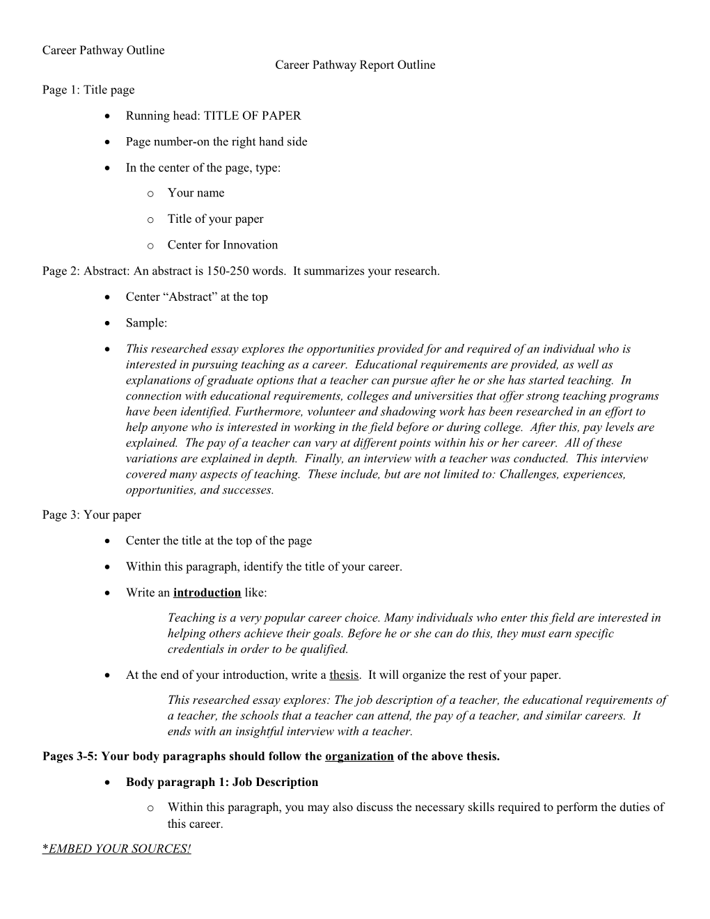 Career Pathway Report Outline