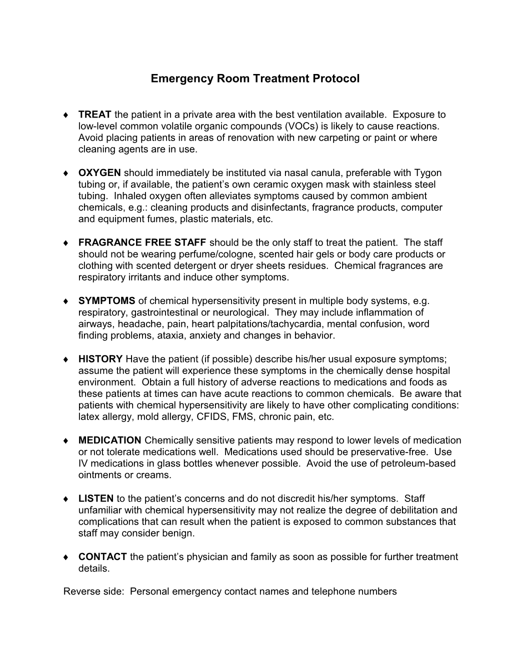 Emergency Room Treatment Protocol