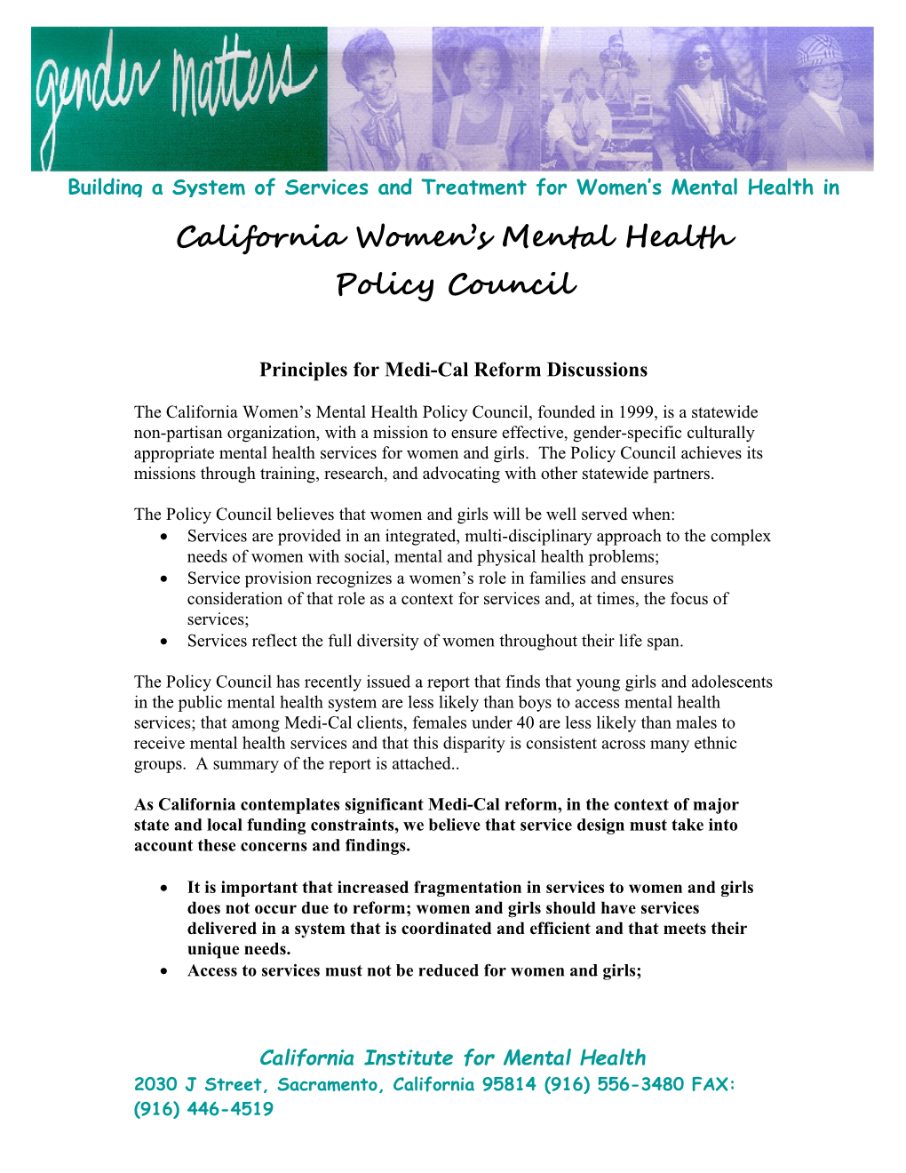 California Women S Mental Health Policy Council