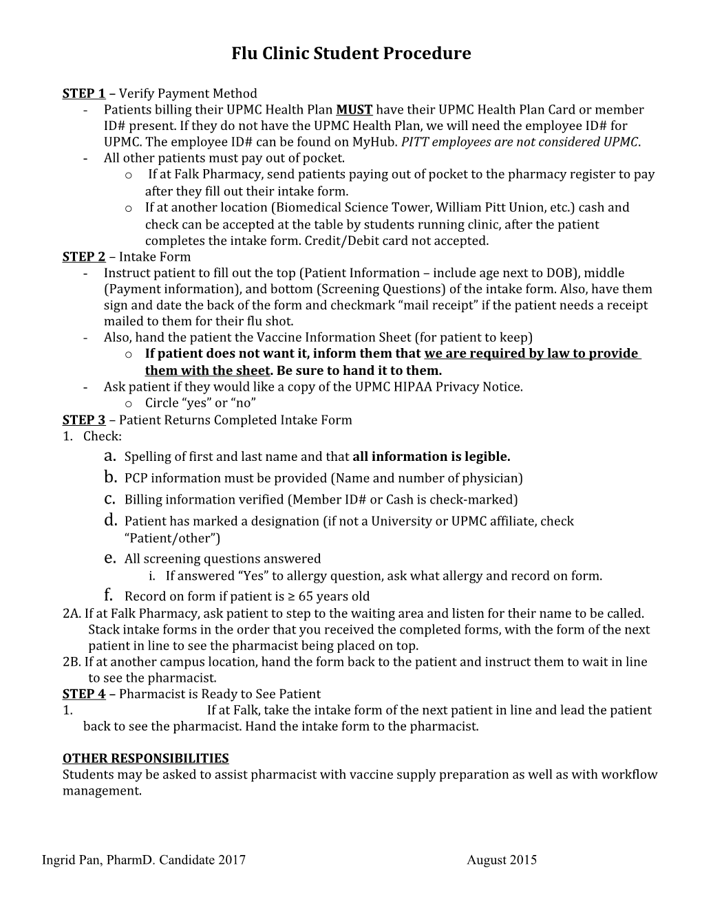 Flu Clinic Intake Table