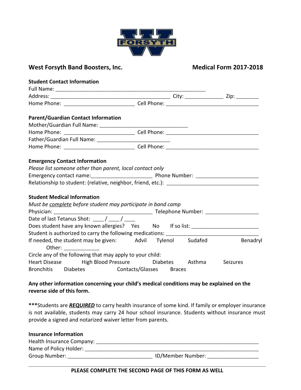 West Forsyth Band Boosters, Inc. Medical Form 2017-2018