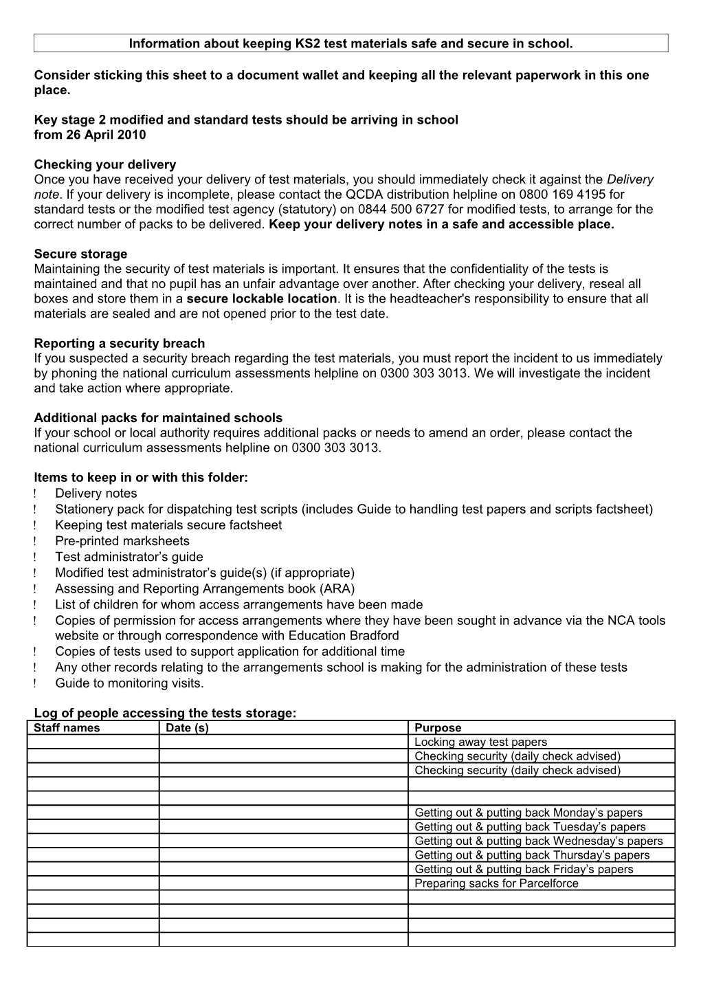 Information About Keeping KS2 Test Materials Safe and Secure in School