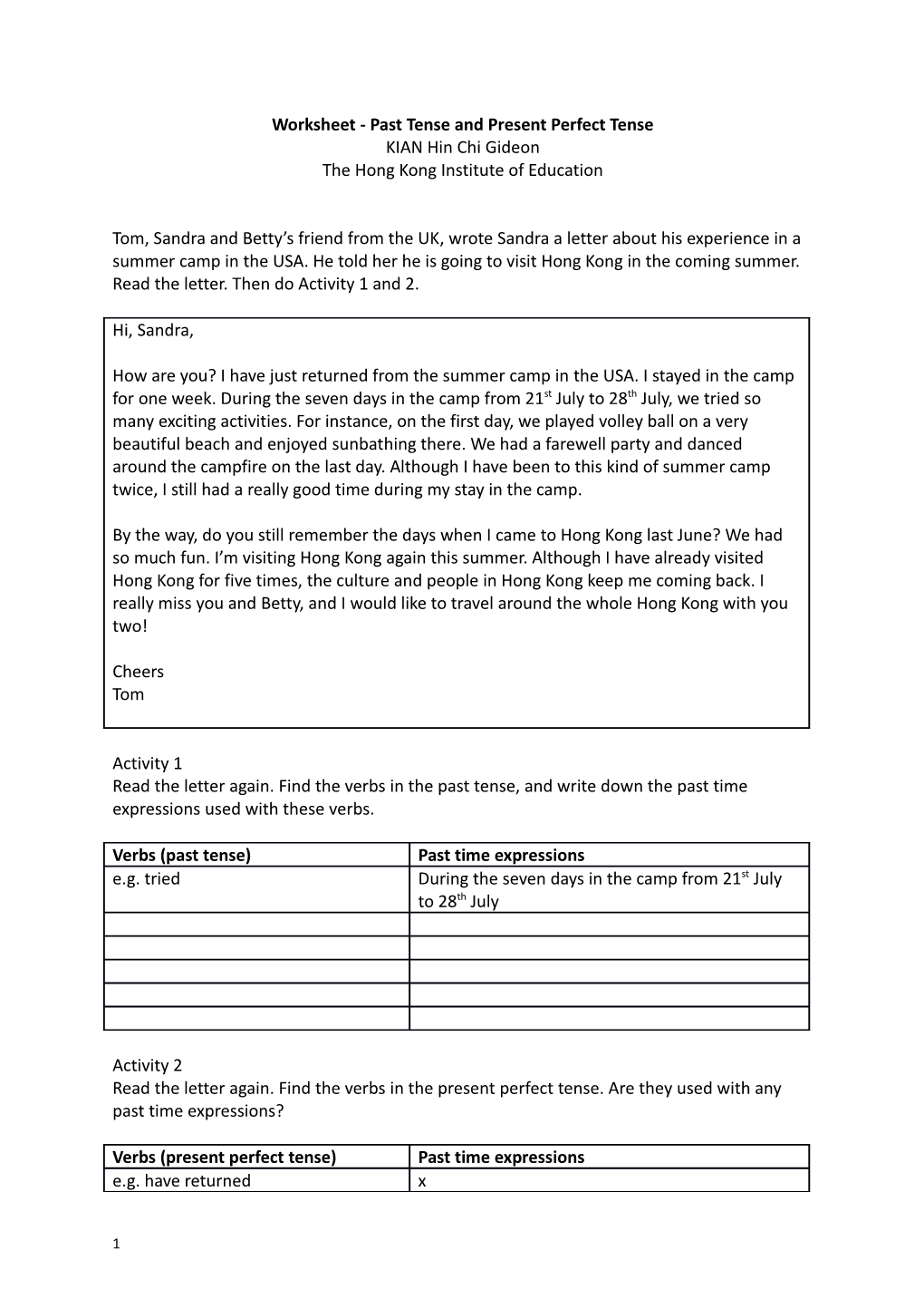 Worksheet - Past Tense and Present Perfect Tense