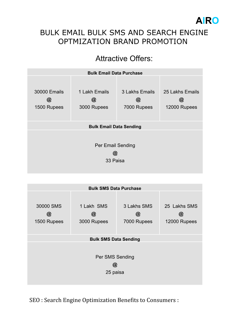 Bulk Email Bulk Sms and Search Engine Optmization Brand Promotion